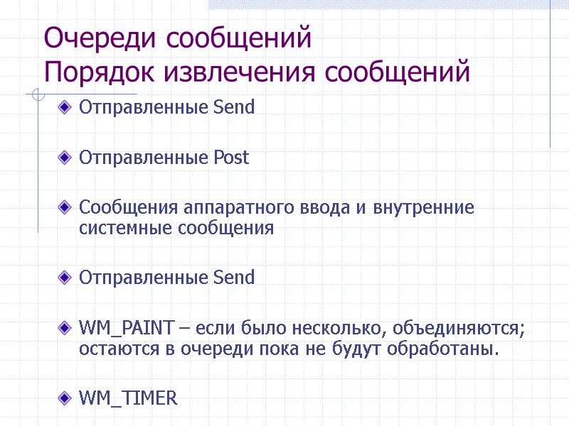 Очереди сообщений Порядок извлечения сообщений Отправленные Send  Отправленные Post  Сообщения аппаратного ввода